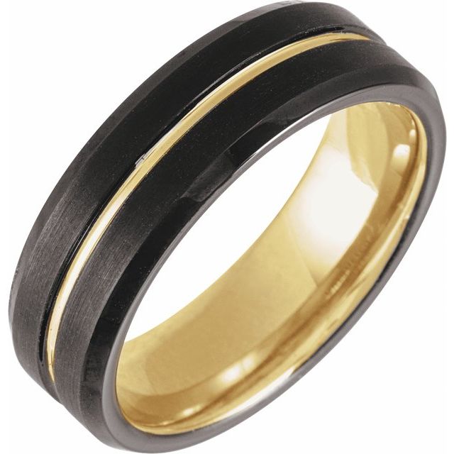 18K Yellow Gold PVD & Black PVD Tungsten 7 mm Grooved Band- Sparkle & Jade-SparkleAndJade.com 