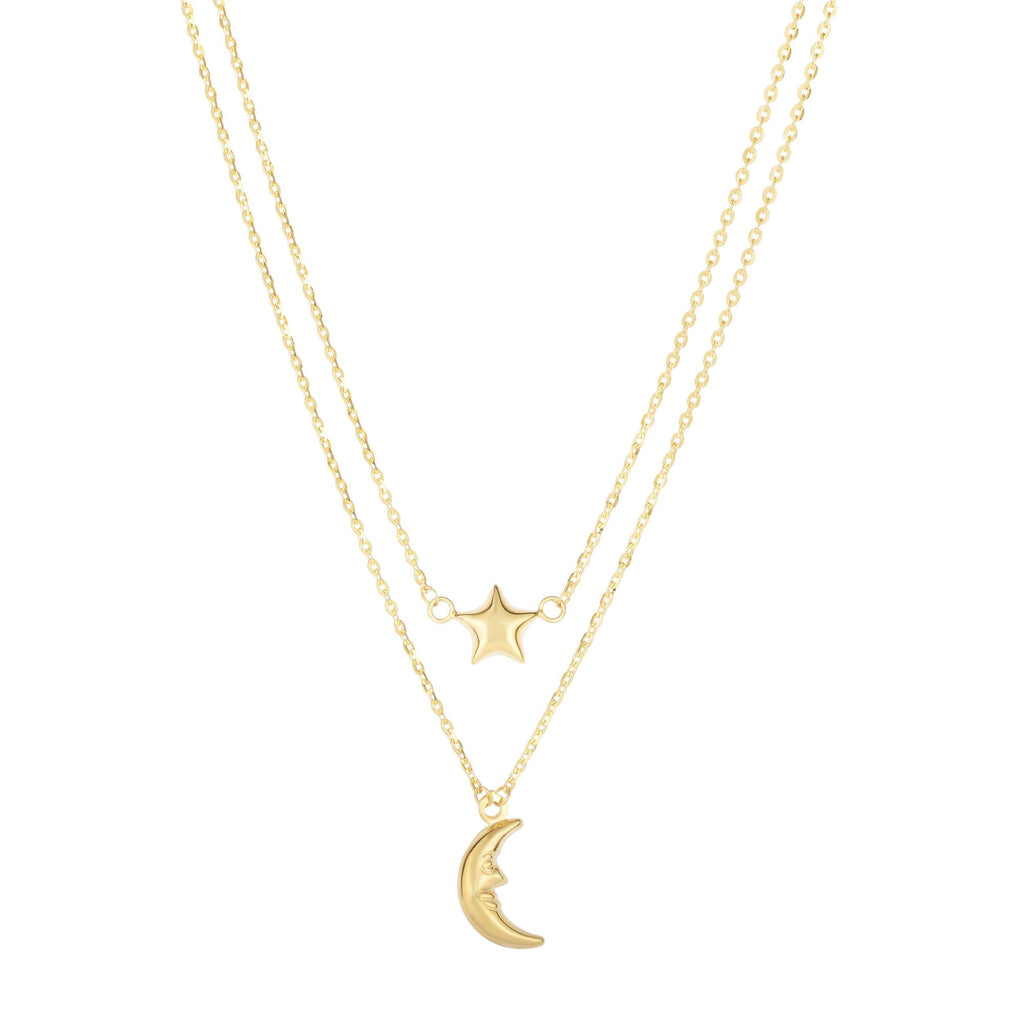 14K Gold Polished Moon & Star Multi-Strand Necklace- Sparkle & Jade-SparkleAndJade.com N3774-18
