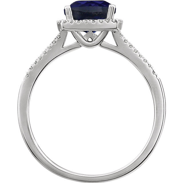 14K White Gold 7mm Cushion Cut Created Blue Sapphire & Diamond Halo Ring- Sparkle & Jade-SparkleAndJade.com 652046:60003:P