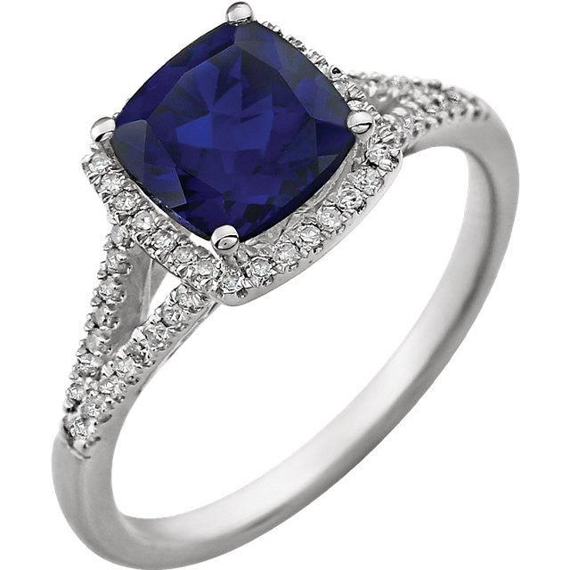 14K White Gold 7mm Cushion Cut Created Blue Sapphire & Diamond Halo Ring- Sparkle & Jade-SparkleAndJade.com 652046:60003:P