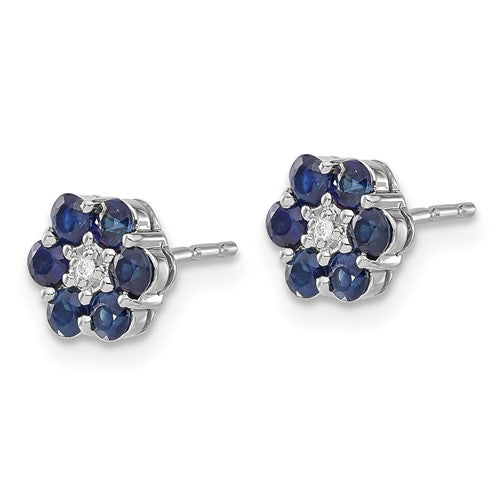 14K White Gold Genuine Blue Sapphire And Diamond Post Flower Earrings- Sparkle & Jade-SparkleAndJade.com EM5609-SA-001-WA