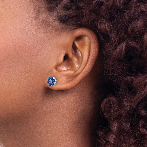 14K White Gold Genuine Blue Sapphire And Diamond Post Flower Earrings- Sparkle & Jade-SparkleAndJade.com EM5609-SA-001-WA
