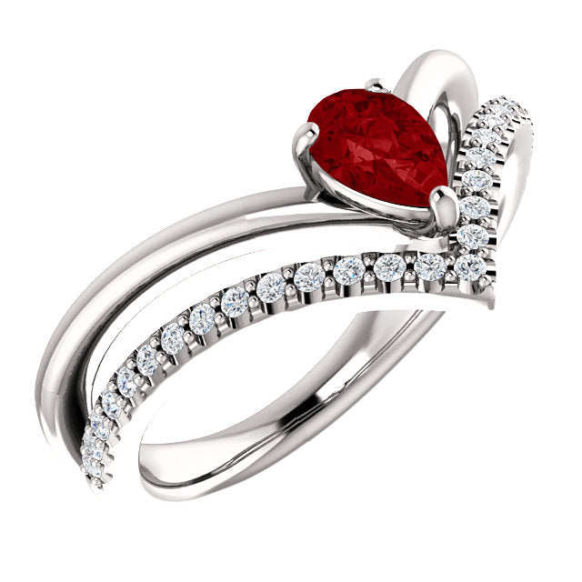 14K White Yellow or Rose Gold Lab Created Ruby Pear & 1/6 CTW Diamond Double V Ring- Sparkle & Jade-SparkleAndJade.com 71968:655:P
