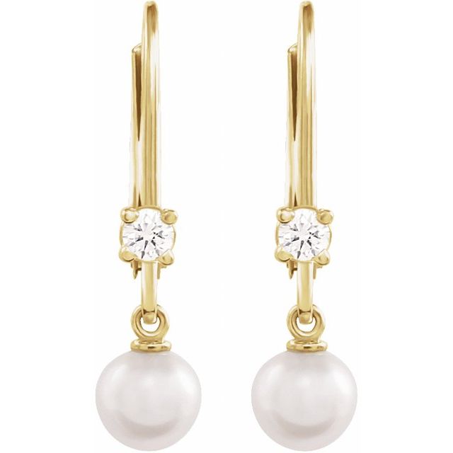 14K White or Yellow Gold Cultured White Akoya Pearl & 1/8 Natural Diamond Lever Back Earrings- Sparkle & Jade-SparkleAndJade.com 