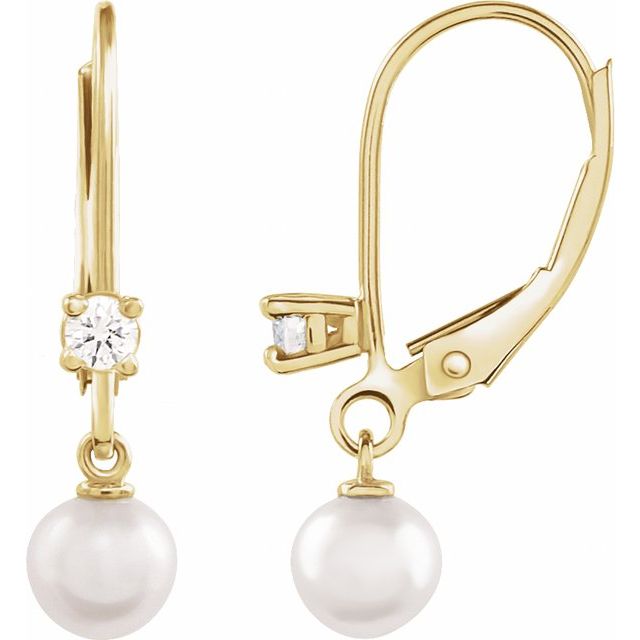 14K White or Yellow Gold Cultured White Akoya Pearl & 1/8 Natural Diamond Lever Back Earrings- Sparkle & Jade-SparkleAndJade.com 88196:100:P