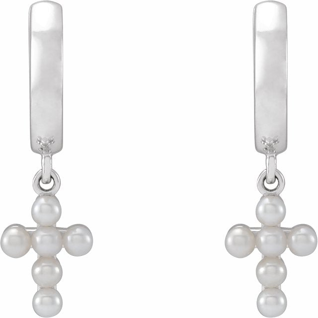 14K Yellow or White Gold Cultured White Seed Pearl Cross Hoop Earrings- Sparkle & Jade-SparkleAndJade.com 