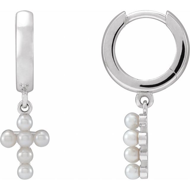 14K Yellow or White Gold Cultured White Seed Pearl Cross Hoop Earrings- Sparkle & Jade-SparkleAndJade.com R50010:107:P