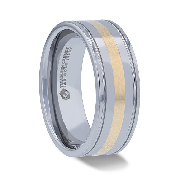 14k Gold Inlay with Grooved Edges Tungsten Polished Wedding Band - 8mm - Lazio- Sparkle & Jade-SparkleAndJade.com 