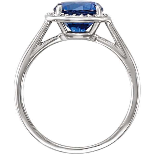 14k Gold Lab Grown 8mm Round Blue Sapphire .05CTW Diamond Halo Ring- Sparkle & Jade-SparkleAndJade.com 