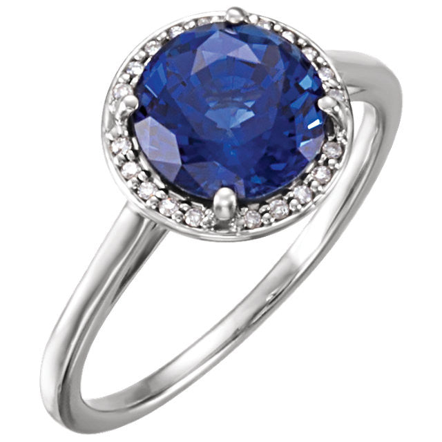 14k Gold Lab Grown 8mm Round Blue Sapphire .05CTW Diamond Halo Ring- Sparkle & Jade-SparkleAndJade.com 71632:105:P
