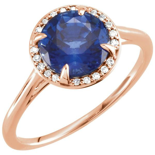 14k Gold Lab Grown 8mm Round Blue Sapphire .05CTW Diamond Halo Ring- Sparkle & Jade-SparkleAndJade.com 71632:106:P