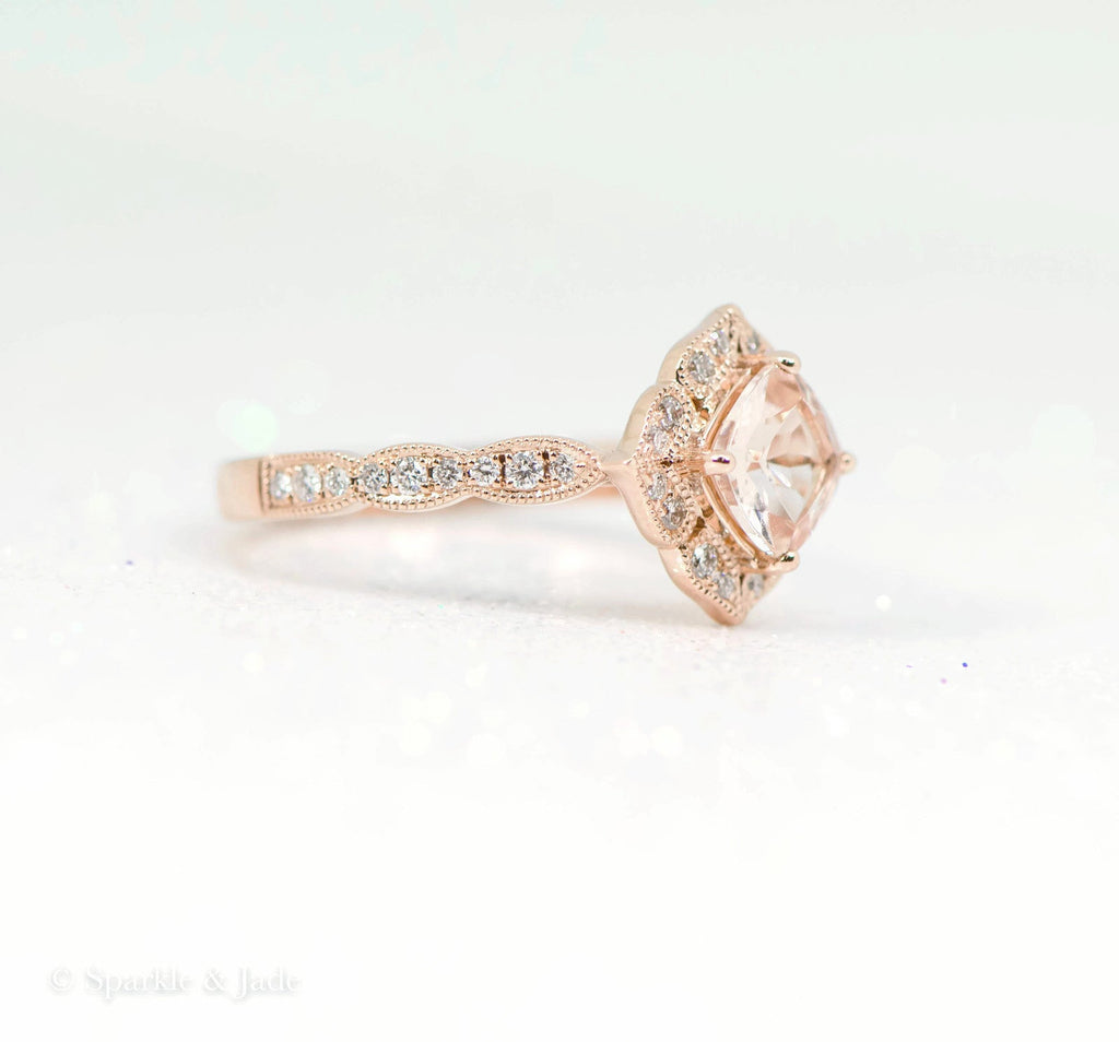 14k Rose Gold Cushion Cut Morganite Diamond Halo Engagement Ring- Sparkle & Jade-SparkleAndJade.com R12081P-MO