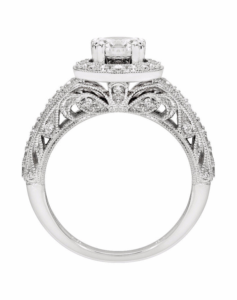 14k White Gold 5mm Round Halo Vintage Filigree Semi-Mount Engagement Ring- Sparkle & Jade-SparkleAndJade.com 