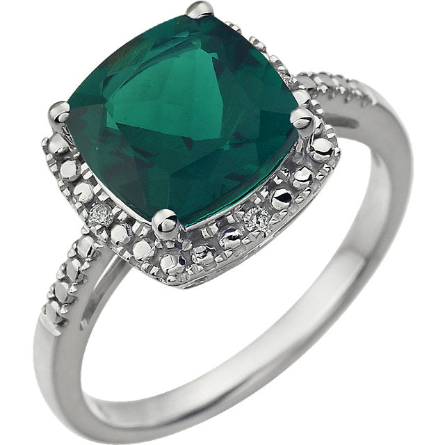 14k White Gold 9mm Cushion Cut Created Emerald & Diamond Halo-Style Ring- Sparkle & Jade-SparkleAndJade.com 651604:102:P