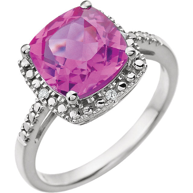 14k White Gold 9mm Cushion Cut Created Pink Sapphire & Diamond Halo-Style Ring- Sparkle & Jade-SparkleAndJade.com 651604:103:P