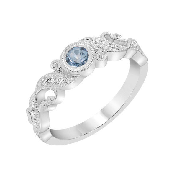 14k White Gold Aquamarine Bezel and Diamond Filigree Ring- Sparkle & Jade-SparkleAndJade.com R11969WB-AQ
