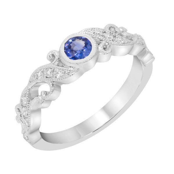 14k White Gold Blue Sapphire Bezel and Diamond Filigree Ring- Sparkle & Jade-SparkleAndJade.com R11969WB-BS