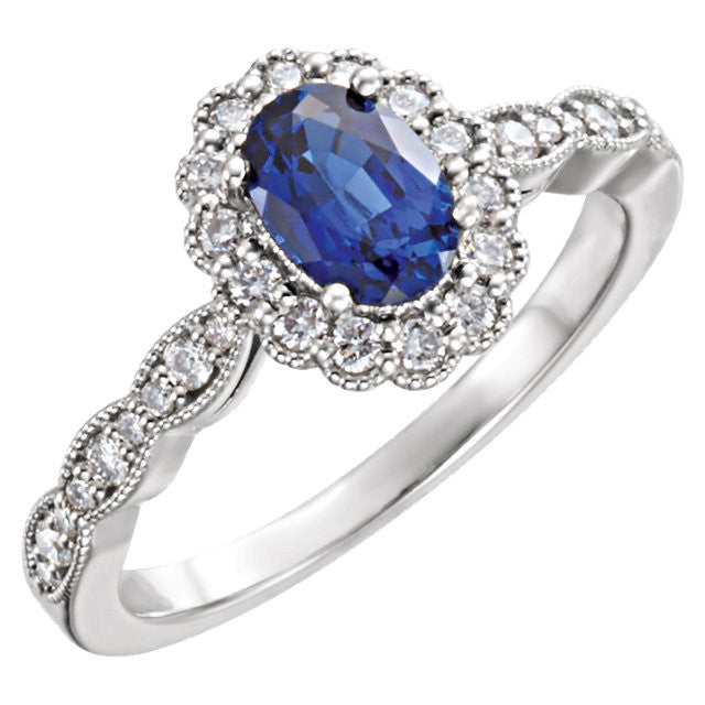 14k White Gold Oval Created Blue Sapphire & Diamond Halo Ring- Sparkle & Jade-SparkleAndJade.com 71795:6000:P