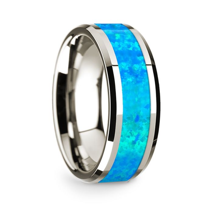 14k White Gold Polished Beveled Edges Wedding Ring with Blue Opal Inlay - 8 mm- Sparkle & Jade-SparkleAndJade.com 