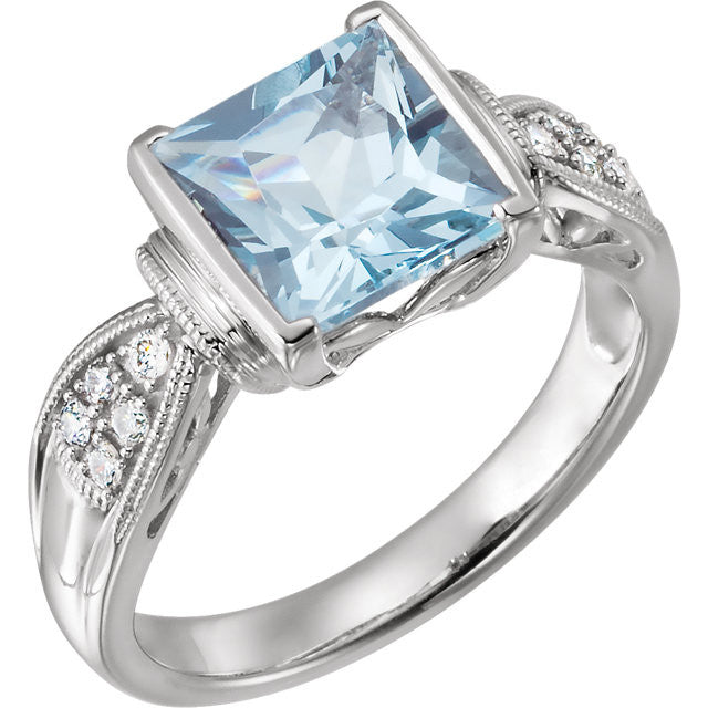 14k White Gold Princess Square Aquamarine & 1/8 CTW Diamond Ring- Sparkle & Jade-SparkleAndJade.com 66894:101:P
