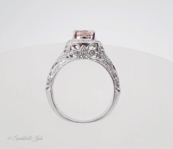 14k White Gold Round Morganite and Diamond Halo Vintage Style Engagement Ring- Sparkle & Jade-SparkleAndJade.com 