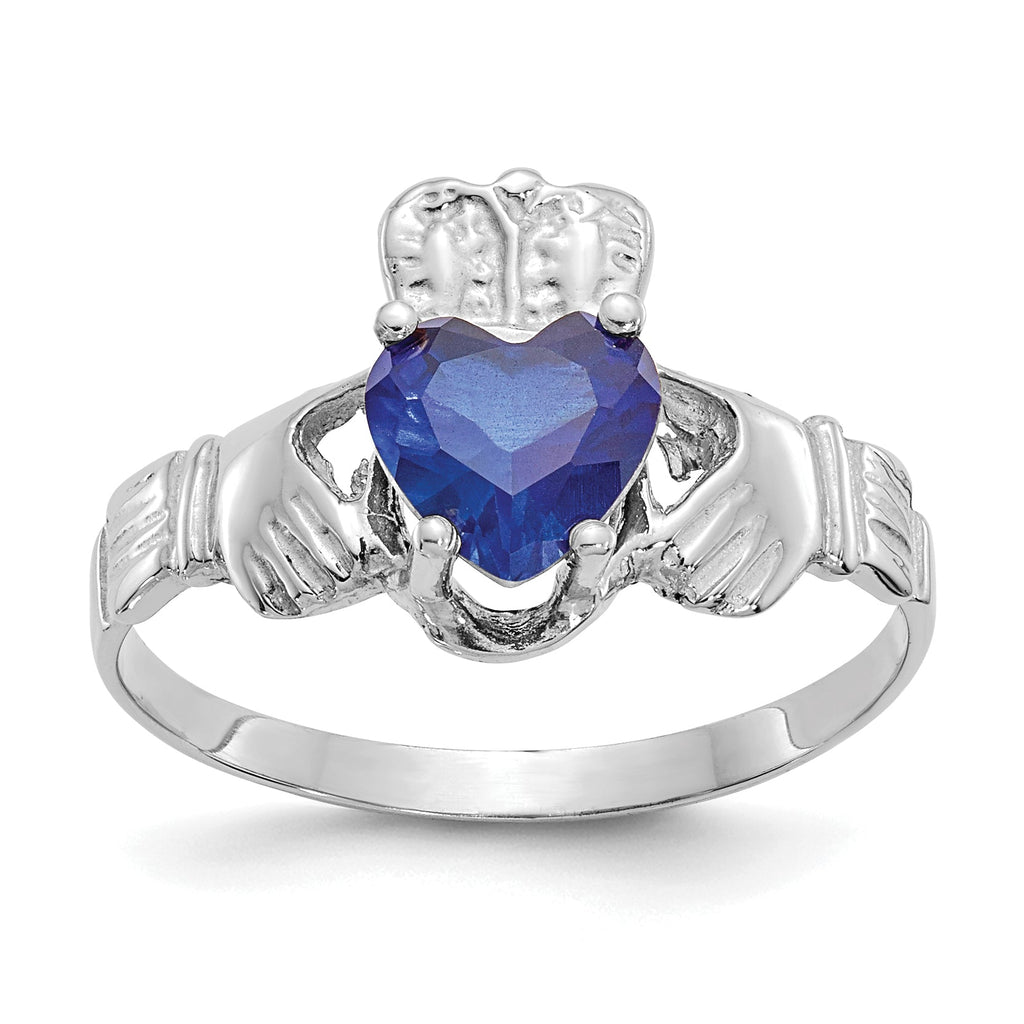 14k White Gold September Blue Sapphire Heart Claddagh Ring- Sparkle & Jade-SparkleAndJade.com R507