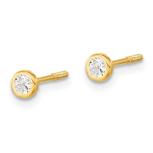14k Yellow Gold 3mm Round Bezel Set Round CZ Screwback Earrings- Sparkle & Jade-SparkleAndJade.com SE2506