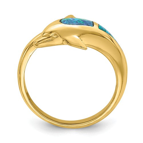 14k Yellow Gold Blue Created Opal Dolphin Wrap Ring- Sparkle & Jade-SparkleAndJade.com R656