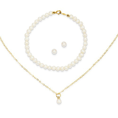 14k Yellow Gold Children's Cultured Pearl Necklace, Bracelet & Earrings Set- Sparkle & Jade-SparkleAndJade.com SE2385
