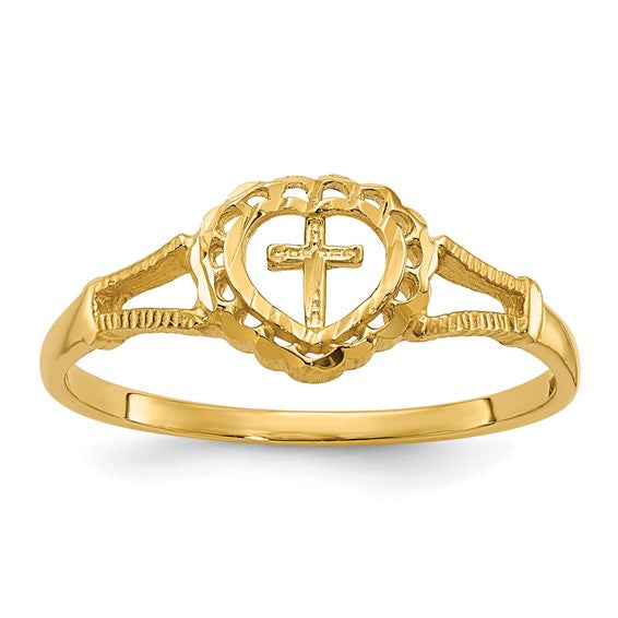 10k or 14k Yellow Gold Childs Heart With Cross Ring- Sparkle & Jade-SparkleAndJade.com 