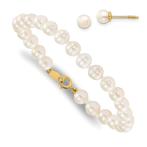 14k Yellow Gold Freshwater Pearl Children's Bracelet And Screw Back Earrings Set- Sparkle & Jade-SparkleAndJade.com SE1338