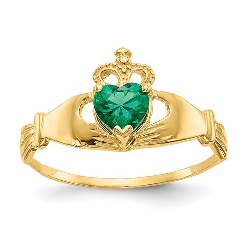 14k Yellow Gold Green Heart Polished Claddagh Ring- Sparkle & Jade-SparkleAndJade.com D558