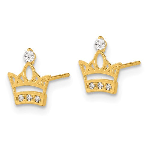 14k Yellow Gold Solid Madi K Youth CZ Crown Post Earrings- Sparkle & Jade-SparkleAndJade.com GK961