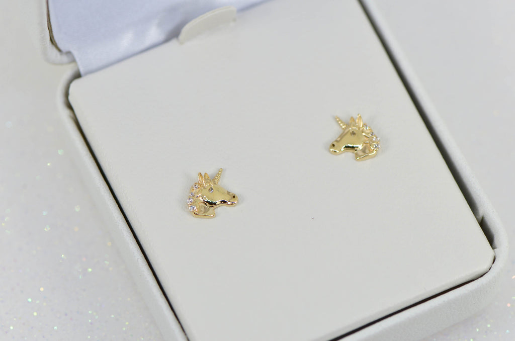 14k Yellow Gold Solid Unicorn CZ Stud Earrings- Sparkle & Jade-SparkleAndJade.com SE2899