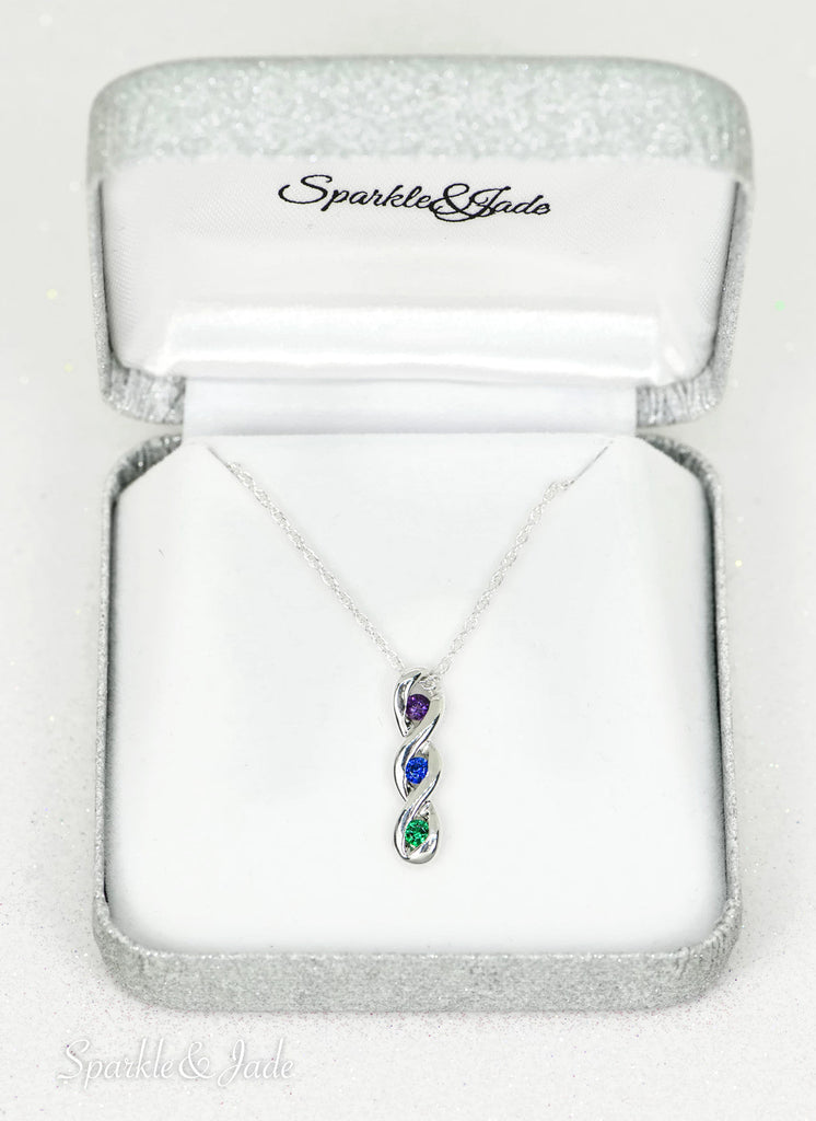 3-Stone Vertical Twist Mother's Family Birthstone Pendant Necklace- Sparkle & Jade-SparkleAndJade.com 