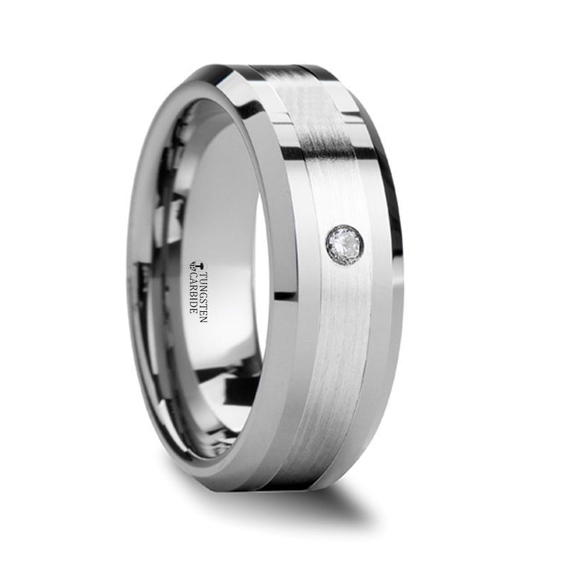 Beveled Tungsten Carbide Ring w/ Palladium Inlaid & Diamond - 8mm - GUATIER- Sparkle & Jade-SparkleAndJade.com 