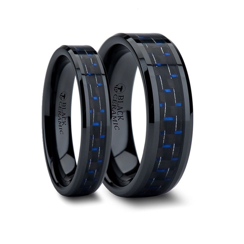 Black Beveled Ceramic Ring w/ Blue & Black Carbon Fiber Inlay 4-10mm - AVITUS- Sparkle & Jade-SparkleAndJade.com 