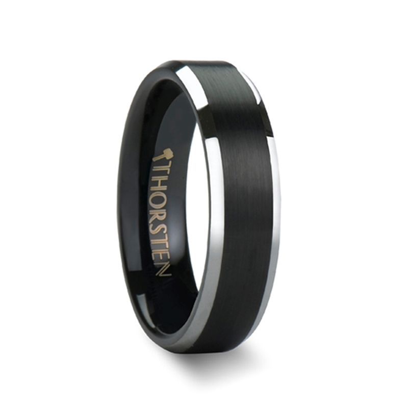 Black Brushed Center Tungsten Ring with Polished Beveled Edges - 4mm - 10mm - ASTON- Sparkle & Jade-SparkleAndJade.com 