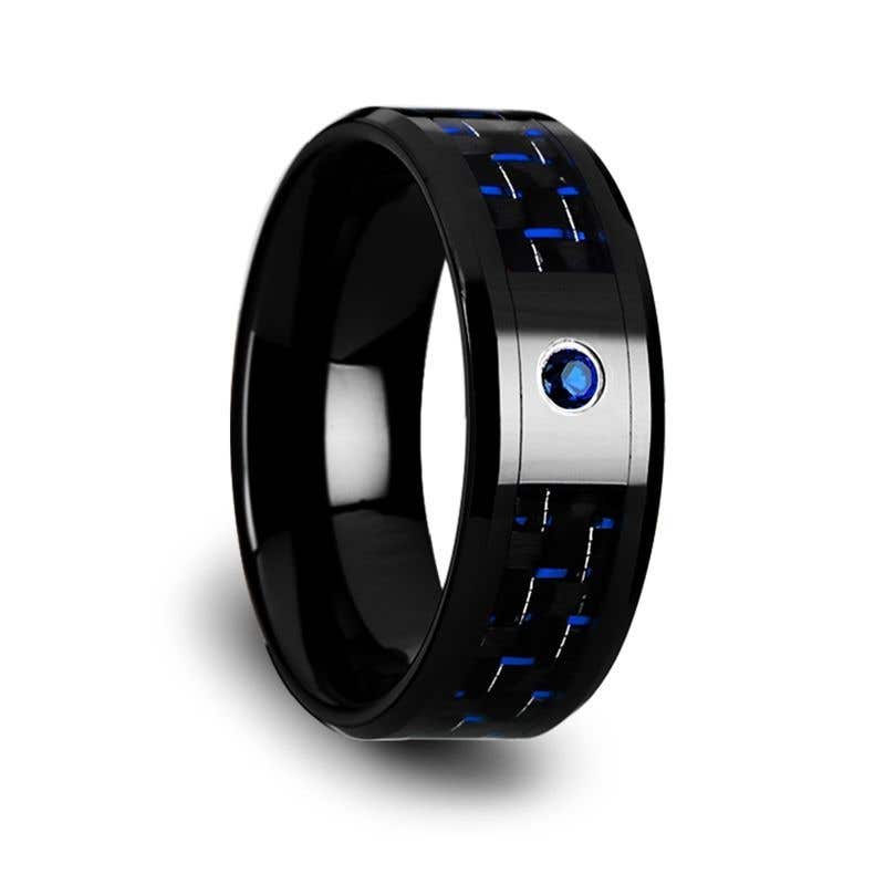 Black Ceramic Ring with Black and Blue Carbon Fiber and Blue Sapphire Setting - 8mm - ODELL- Sparkle & Jade-SparkleAndJade.com 