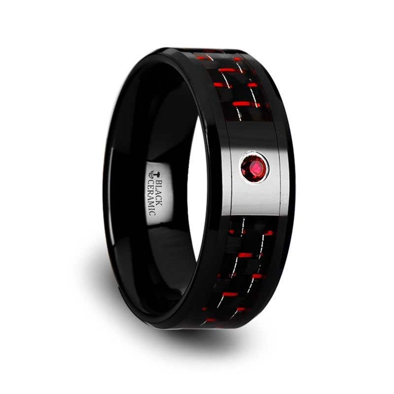 Black Ceramic Ring with Black and Red Carbon Fiber and Red Ruby Setting - 8mm - SORRELL- Sparkle & Jade-SparkleAndJade.com 