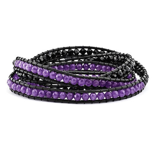 Black Crystal And Purple Quartz Leather Multi-Wrap Bead Bracelet- Sparkle & Jade-SparkleAndJade.com BF2104