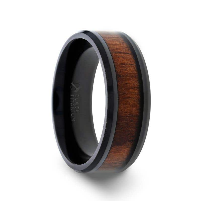 Black Titanium Polished Beveled Edges Black Walnut Wood Inlaid Men’s Wedding Ring - 6mm & 8mm - Kony- Sparkle & Jade-SparkleAndJade.com 