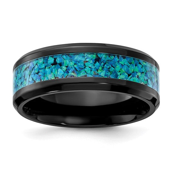 Black Zirconium Polished with Blue Opal Inlay 8mm Band- Sparkle & Jade-SparkleAndJade.com 