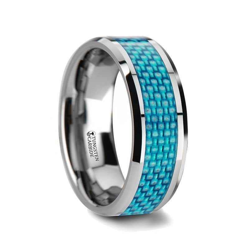 Blue Carbon Fiber Inlay Tungsten Carbide Band - 4mm - 10mm - Augustus- Sparkle & Jade-SparkleAndJade.com W354-BUCF