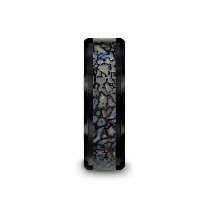 Blue Dinosaur Bone Inlaid Black Ceramic Beveled Edged Ring - 4mm or 8mm - Permian- Sparkle & Jade-SparkleAndJade.com 