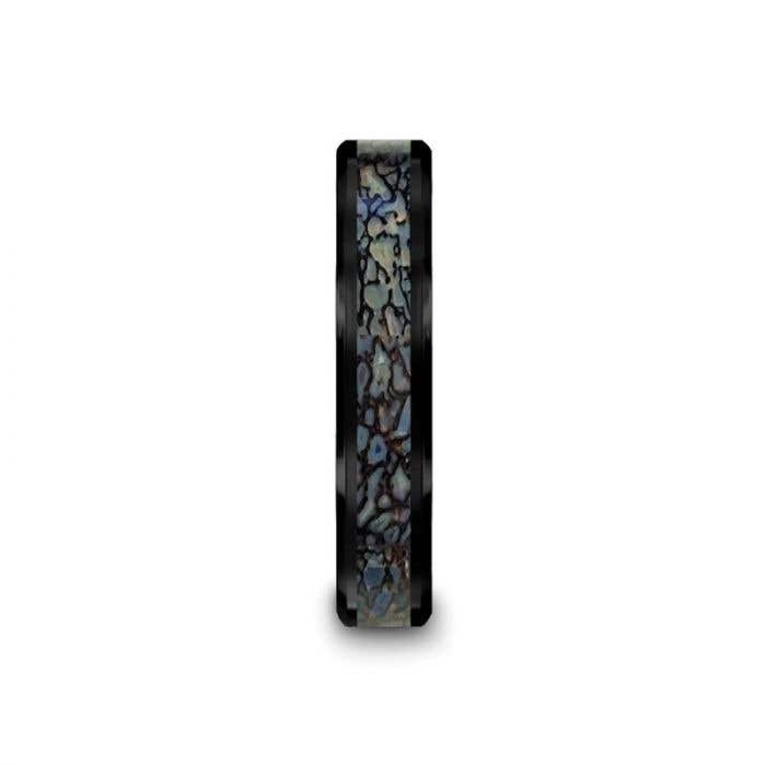 Blue Dinosaur Bone Inlaid Black Ceramic Beveled Edged Ring - 4mm or 8mm - Permian- Sparkle & Jade-SparkleAndJade.com 