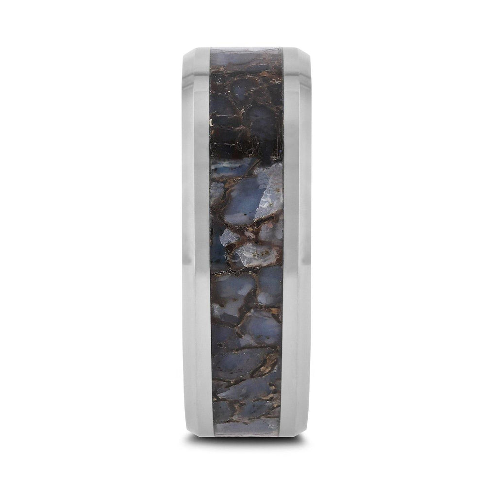 Blue Dinosaur Bone Inlaid Tungsten Carbide Ring - 4mm or 8mm - DEVONIAN- Sparkle & Jade-SparkleAndJade.com 