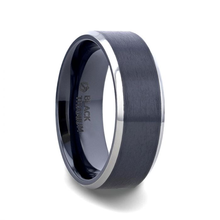 Brushed Black Center Polished Beveled Edges Men’s Titanium Wedding Ring - 6mm & 8mm - ATNOS- Sparkle & Jade-SparkleAndJade.com T5999-BTBB