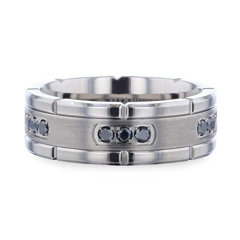 Brushed Center Titanium Men's Wedding Band With Double Grooved Polished Edges And Black Diamond Settings - 8mm - COURAGEOUS- Sparkle & Jade-SparkleAndJade.com 