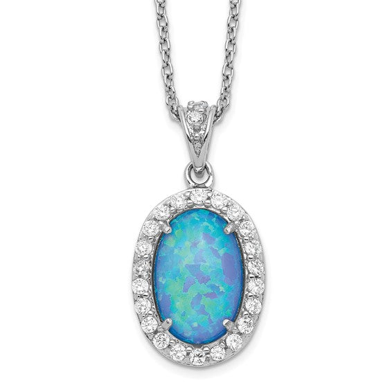 Cheryl M Sterling Silver Blue Oval Opal & CZ Pendant Necklace- Sparkle & Jade-SparkleAndJade.com QCM1382-18.5